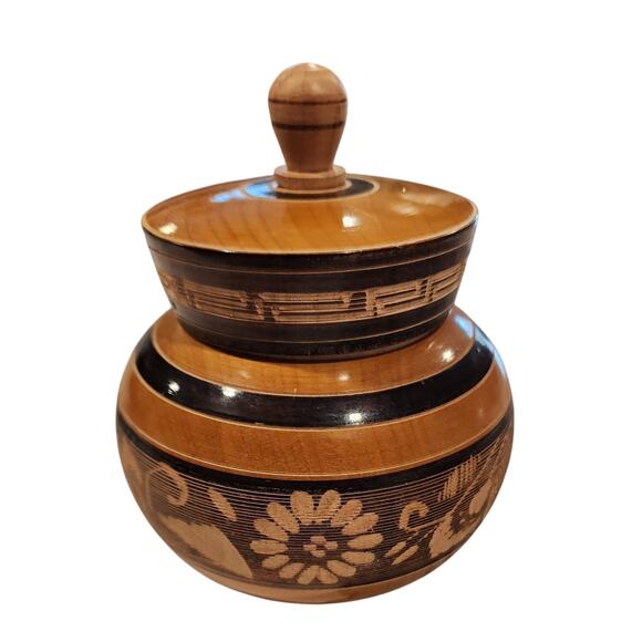 Mayan Turned Wood & Carved Wooden Folk Art Lidded Trinket Jar MCM - Picture 2 of 8